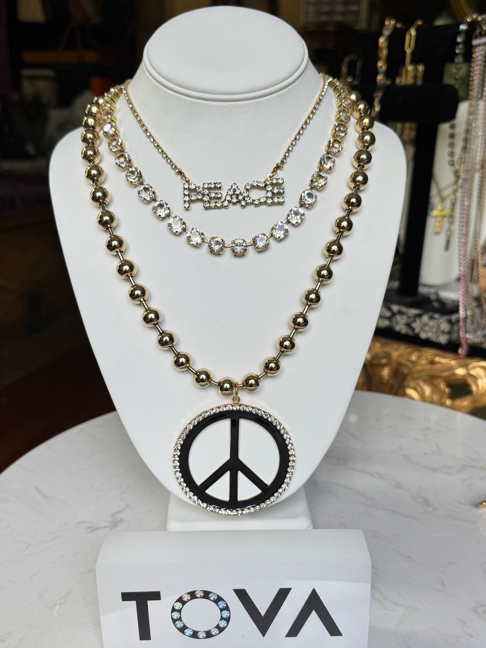 TOVA Brand New Gold Beaded Necklace with Black Peace Crystal Pendant